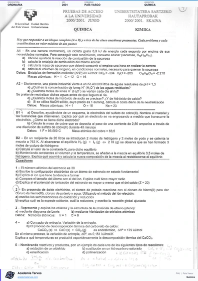 Vista previa de Examen PAU de Química de País Vasco 2001 – Ordinaria