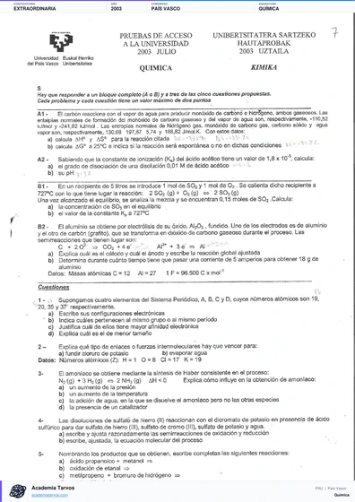 Vista previa de Examen PAU de Química de País Vasco 2003 – Extraordinaria