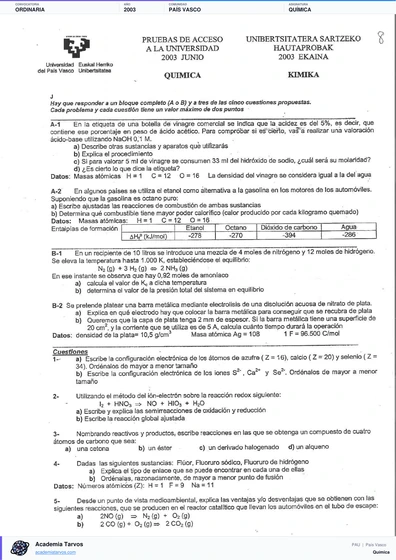 Vista previa de Examen PAU de Química de País Vasco 2003 – Ordinaria
