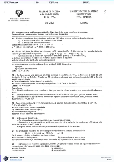 Vista previa de Examen PAU de Química de País Vasco 2004 – Extraordinaria