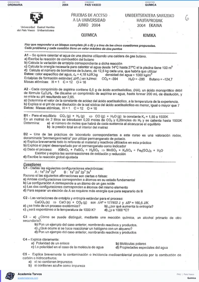 Vista previa de Examen PAU de Química de País Vasco 2004 – Ordinaria