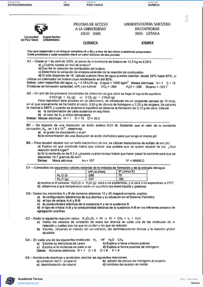 Vista previa de Examen PAU de Química de País Vasco 2005 – Extraordinaria