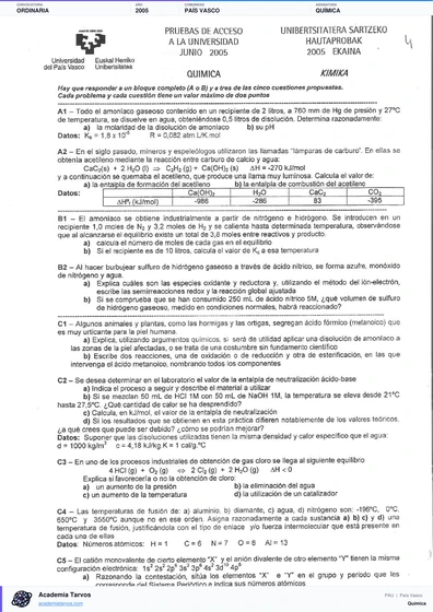 Vista previa de Examen PAU de Química de País Vasco 2005 – Ordinaria