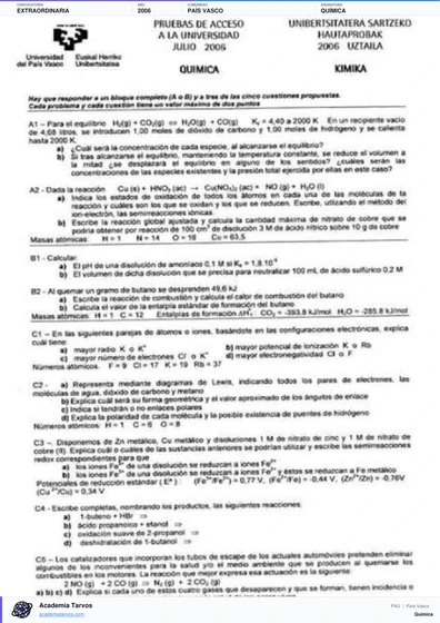 Vista previa de Examen PAU de Química de País Vasco 2006 – Extraordinaria