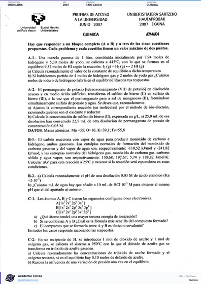 Vista previa de Examen PAU de Química de País Vasco 2007 – Ordinaria