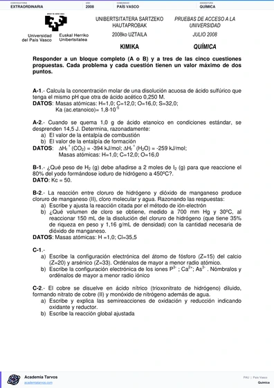 Vista previa de Examen PAU de Química de País Vasco 2008 – Extraordinaria