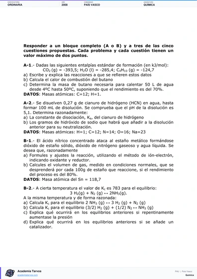 Vista previa de Examen PAU de Química de País Vasco 2008 – Ordinaria