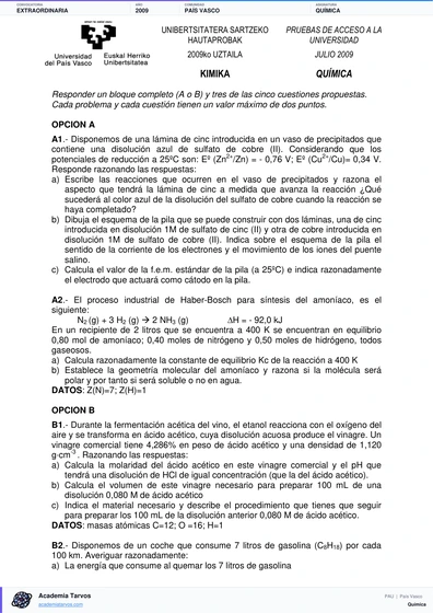 Vista previa de Examen PAU de Química de País Vasco 2009 – Extraordinaria