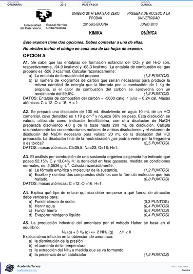 Vista previa de Examen PAU de Química de País Vasco 2010 – Ordinaria
