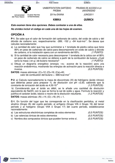 Vista previa de Examen PAU de Química de País Vasco 2011 – Ordinaria