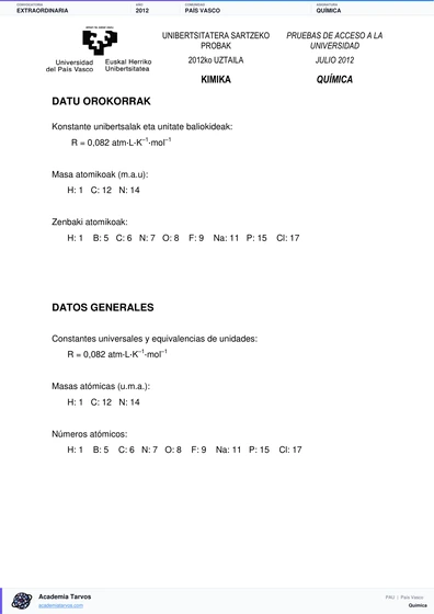 Vista previa de Examen PAU de Química de País Vasco 2012 – Extraordinaria