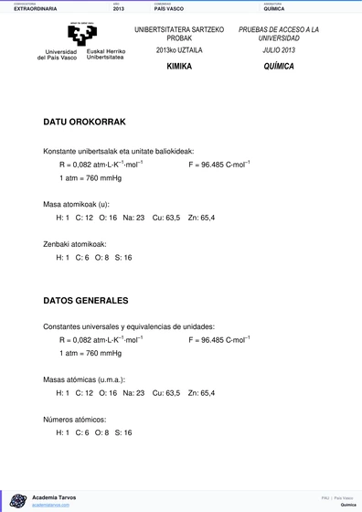 Vista previa de Examen PAU de Química de País Vasco 2013 – Extraordinaria