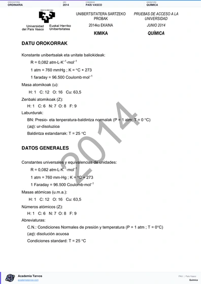 Vista previa de Examen PAU de Química de País Vasco 2014 – Ordinaria