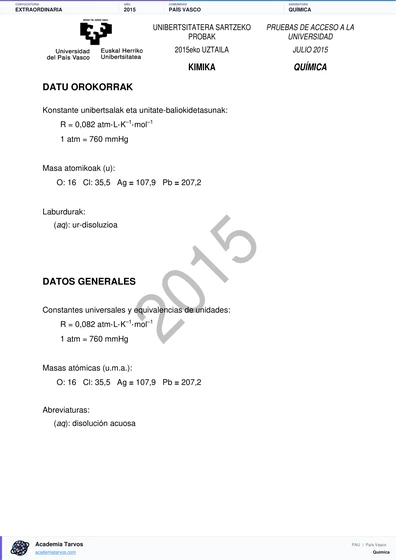 Vista previa de Examen PAU de Química de País Vasco 2015 – Extraordinaria