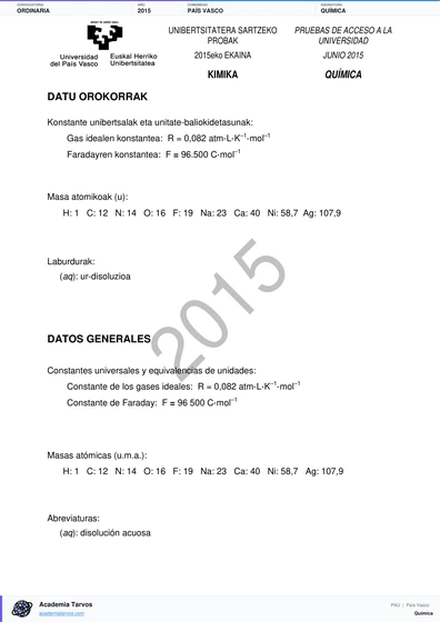 Vista previa de Examen PAU de Química de País Vasco 2015 – Ordinaria
