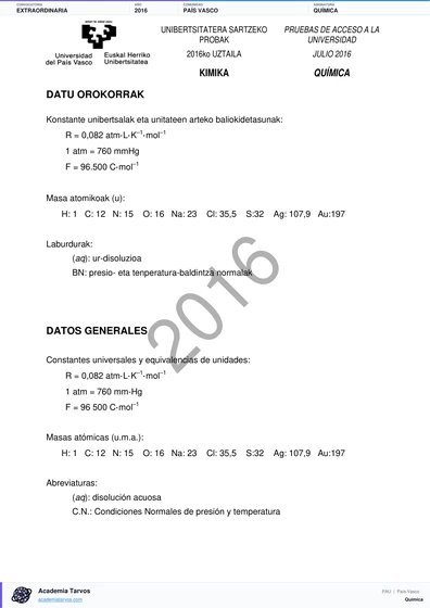 Vista previa de Examen PAU de Química de País Vasco 2016 – Extraordinaria