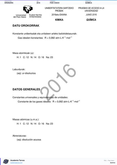Vista previa de Examen PAU de Química de País Vasco 2016 – Ordinaria