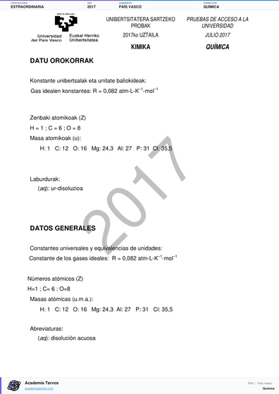 Vista previa de Examen PAU de Química de País Vasco 2017 – Extraordinaria