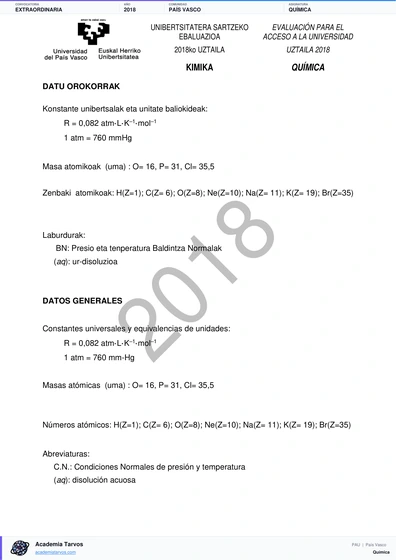 Vista previa de Examen PAU de Química de País Vasco 2018 – Extraordinaria