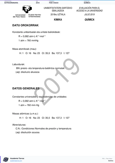 Vista previa de Examen PAU de Química de País Vasco 2019 – Extraordinaria