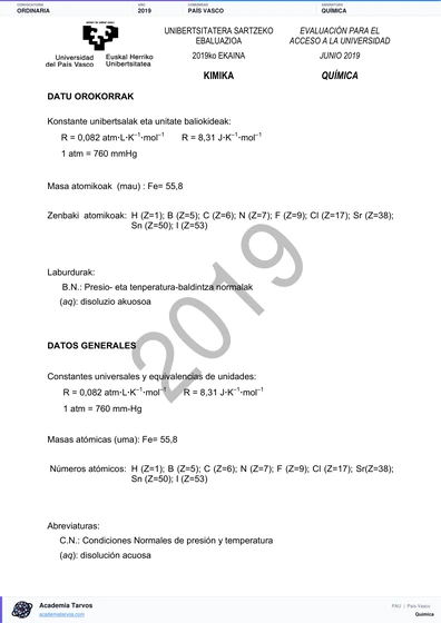 Vista previa de Examen PAU de Química de País Vasco 2019 – Ordinaria