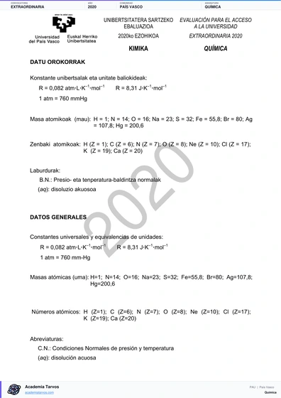 Vista previa de Examen PAU de Química de País Vasco 2020 – Extraordinaria