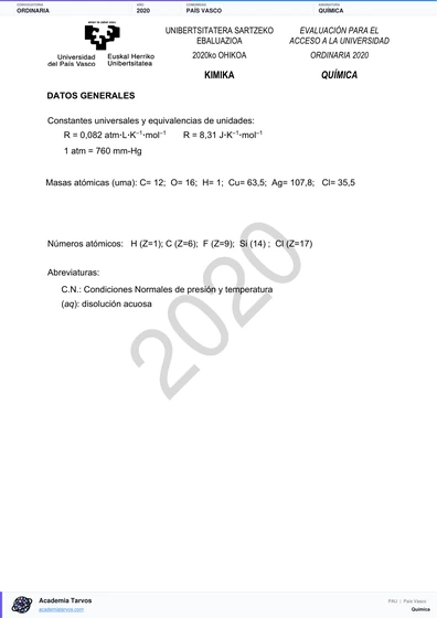 Vista previa de Examen PAU de Química de País Vasco 2020 – Ordinaria