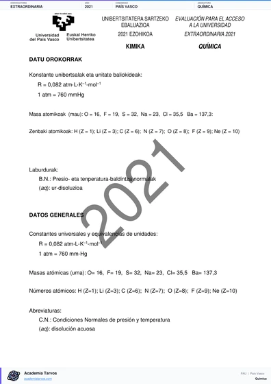 Vista previa de Examen PAU de Química de País Vasco 2021 – Extraordinaria