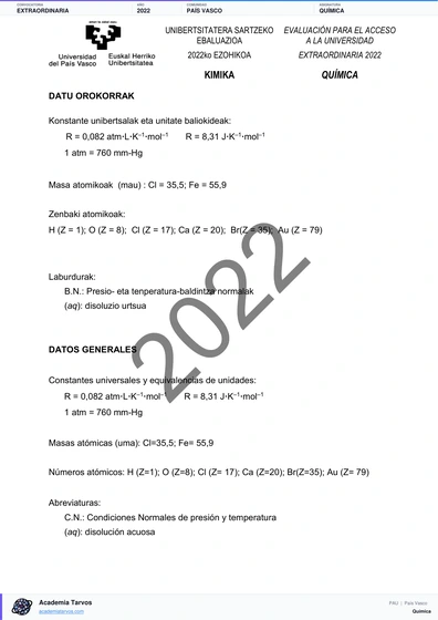Vista previa de Examen PAU de Química de País Vasco 2022 – Extraordinaria