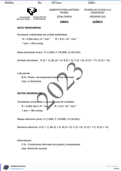 Vista previa de Examen PAU de Química de País Vasco 2023 – Ordinaria