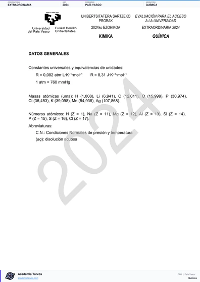 Vista previa de Examen PAU de Química de País Vasco 2024 – Extraordinaria
