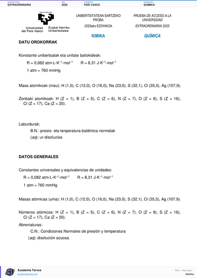Vista previa de Examen PAU de Química de País Vasco 2025 – Extraordinaria