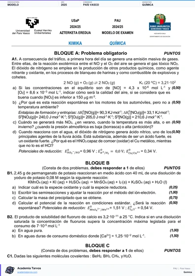 Vista previa de Modelo PAU de Química de País Vasco 2025