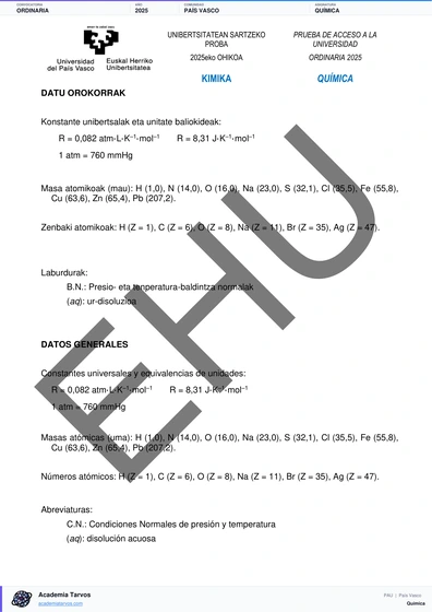 Vista previa de Examen PAU de Química de País Vasco 2025 – Ordinaria