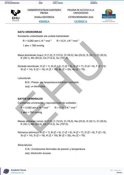 Vista previa de Examen PAU de Química de País Vasco 2026 – Extraordinaria