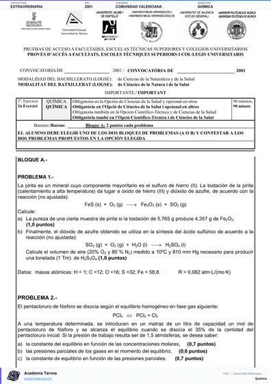Vista previa de Examen PAU de Química de Comunitat Valenciana 2001 – Extraordinaria