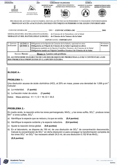 Vista previa de Examen PAU de Química de Comunitat Valenciana 2001 – Ordinaria