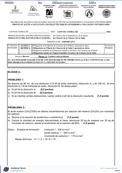 Vista previa de Examen PAU de Química de Comunitat Valenciana 2002 – Ordinaria