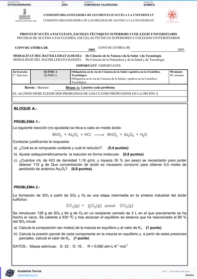 Vista previa de Examen PAU de Química de Comunitat Valenciana 2003 – Extraordinaria
