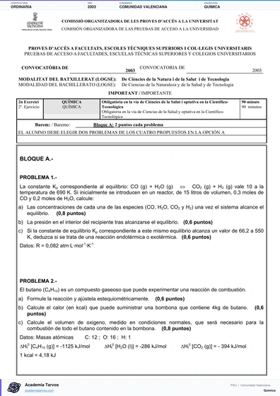 Vista previa de Examen PAU de Química de Comunitat Valenciana 2003 – Ordinaria