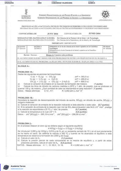 Vista previa de Examen PAU de Química de Comunitat Valenciana 2004 – Ordinaria