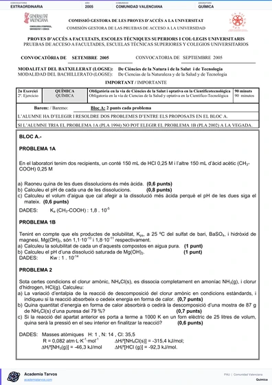 Vista previa de Examen PAU de Química de Comunitat Valenciana 2005 – Extraordinaria