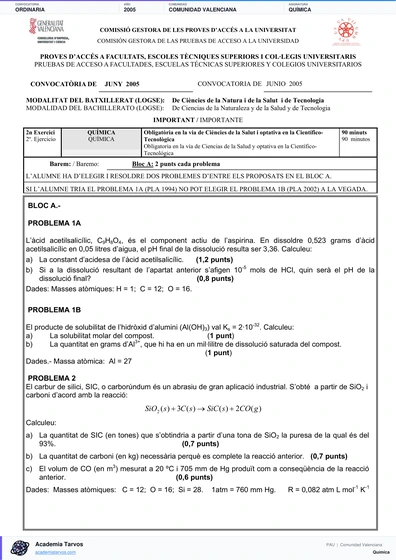 Vista previa de Examen PAU de Química de Comunitat Valenciana 2005 – Ordinaria