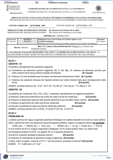 Vista previa de Examen PAU de Química de Comunitat Valenciana 2007 – Extraordinaria