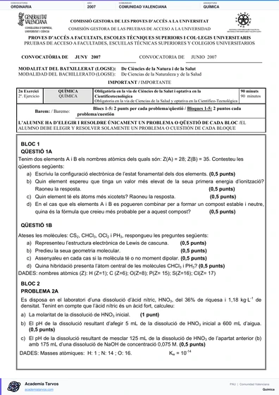 Vista previa de Examen PAU de Química de Comunitat Valenciana 2007 – Ordinaria