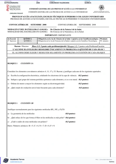 Vista previa de Examen PAU de Química de Comunitat Valenciana 2008 – Extraordinaria