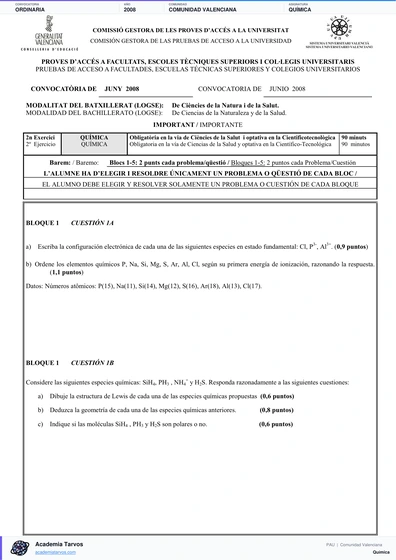 Vista previa de Examen PAU de Química de Comunitat Valenciana 2008 – Ordinaria