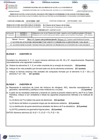 Vista previa de Examen PAU de Química de Comunitat Valenciana 2009 – Extraordinaria