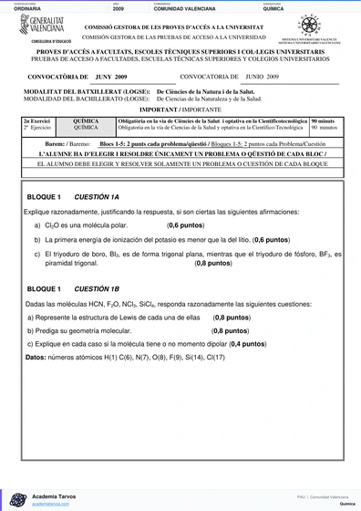 Vista previa de Examen PAU de Química de Comunitat Valenciana 2009 – Ordinaria