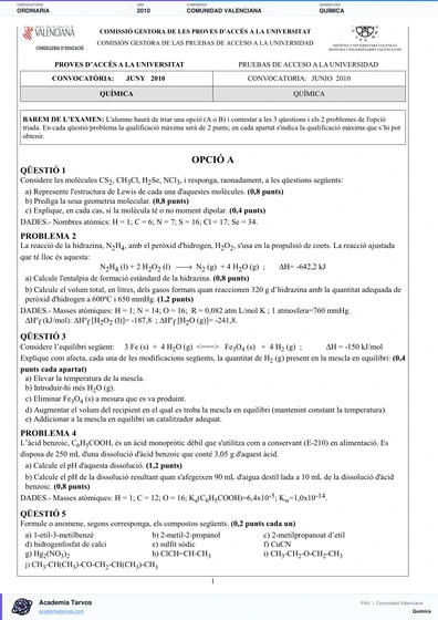 Vista previa de Examen PAU de Química de Comunitat Valenciana 2010 – Ordinaria